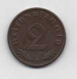 ALEMANIA REICH DEL AÑO 1939 LETRA A DE 2 REICHSPFENNIG 