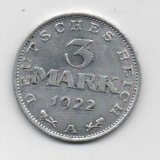 ALEMANIA DEL AÑO 1922 IMPERIO REPUBLICA WEIMAR  LETRA A DE 3 MARCOS