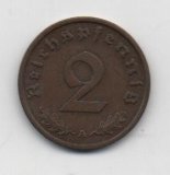 ALEMANIA REICH DEL AÑO 1938 LETRA A DE 2 REICHSPFENNIG 