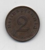 ALEMANIA REICH DEL AÑO 1937 LETRA A DE 2 REICHSPFENNIG 