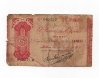 ESPAÑA BILLETE LOCAL REPUBLICANO DEL AÑO 1936 DE 5 PESETAS. BILBAO