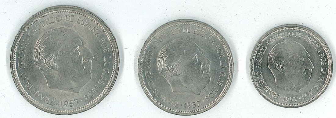 ESPAÑA DEL AÑO 1957 FRANCO SERIE BA DE 5/25/50 PESETAS