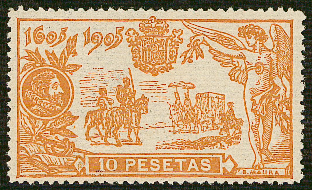 SERIE 266 - 1905 - III CENTENARIO DE LA PUBLICACION DE "EL QUIJOTE"10 PESETAS NARANJA